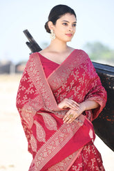 'Zaroka' Raspberry Pink Pure Resham Cotton Banarasi Handloom Saree
